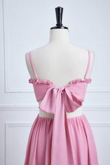 Straps Powder Pink Bow Tie Back Ruffle Chiffon Maxi Dress