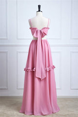 Straps Powder Pink Bow Tie Back Ruffle Chiffon Maxi Dress