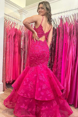 Hunter Green V-Neck Lace  Applique Layered Mermaid Dress