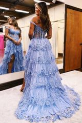 Off the Shoulder Black Lace Applique Tiered Prom Dress