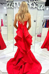 Red Satin Strapless  Ruffle Mermaid Long Prom Dress