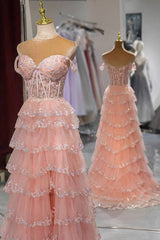 Pink Sweetheart A-Line Layered Lace Long Dress with Appliques