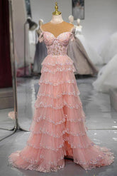 Pink Sweetheart A-Line Layered Lace Long Dress with Appliques