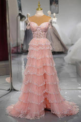 Pink Sweetheart A-Line Layered Lace Long Dress with Appliques