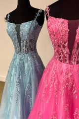 Hot Pink Plunging Neck A-Line Prom Dress with Appliques