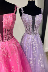 Hot Pink Plunging Neck A-Line Prom Dress with Appliques