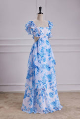 Sweet Blue Floral Print A Line Backless Ruffles Prom Dress