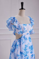 Sweet Blue Floral Print A Line Backless Ruffles Prom Dress
