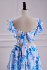 Sweet Blue Floral Print A Line Backless Ruffles Prom Dress