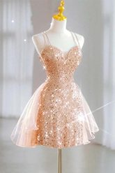 Sequin Tulle Glitter Lace Up Back Homecoming Dress