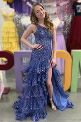 Gorgeous Sheath One Shoulder Navy Corset Prom Dress with Tired Ruffles