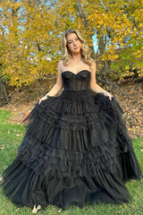 Princess A Line Sweetheart Black Corset Prom Dress with Ruffles