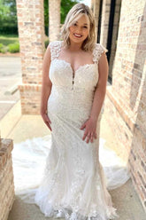 White Lace Sweetheart Sheer Back Mermaid Long Wedding Dress