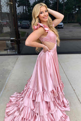 Ruffled Straps Red Pleated Layered Long Prom Dress
