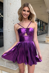Halter Metallic Pleated Homecoming Dress