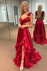 Ruffled Straps Red Pleated Layered Long Prom Dress