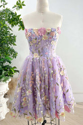 Lilac Strapless Flowers Homecoming Dress
