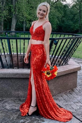 Spaghetti Straps Two Piece Red Sequins Prom Dress with Slit
