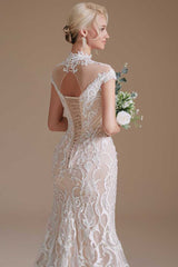 Off-White Lace High Collar Off-the-Shoulder Mermaid Wedding Dress