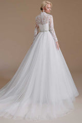 White Lace High Collar Long Sleeves A-Line Wedding Dress