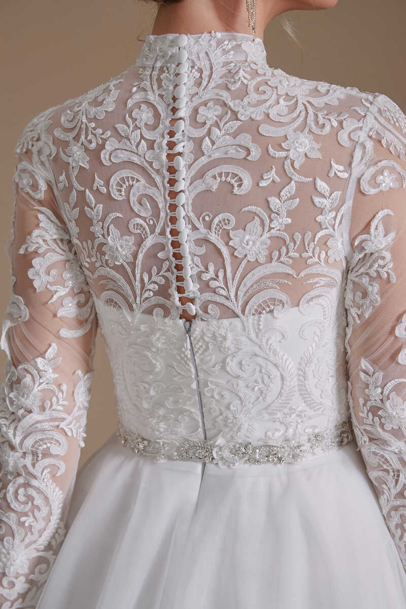 White Lace High Collar Long Sleeves A-Line Wedding Dress