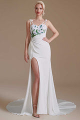 White Straps Appliques Backless Sheath Bridal Gown with Slit