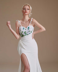 White Straps Appliques Backless Sheath Bridal Gown with Slit