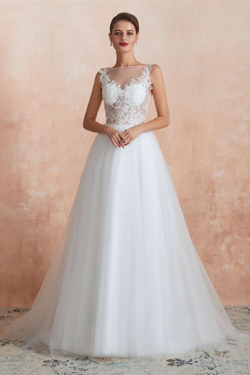 A-Line Bateau Appliqués Wedding Dress with Sheer Back
