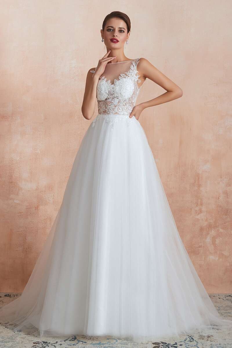 A-Line Bateau Appliqués Wedding Dress with Sheer Back