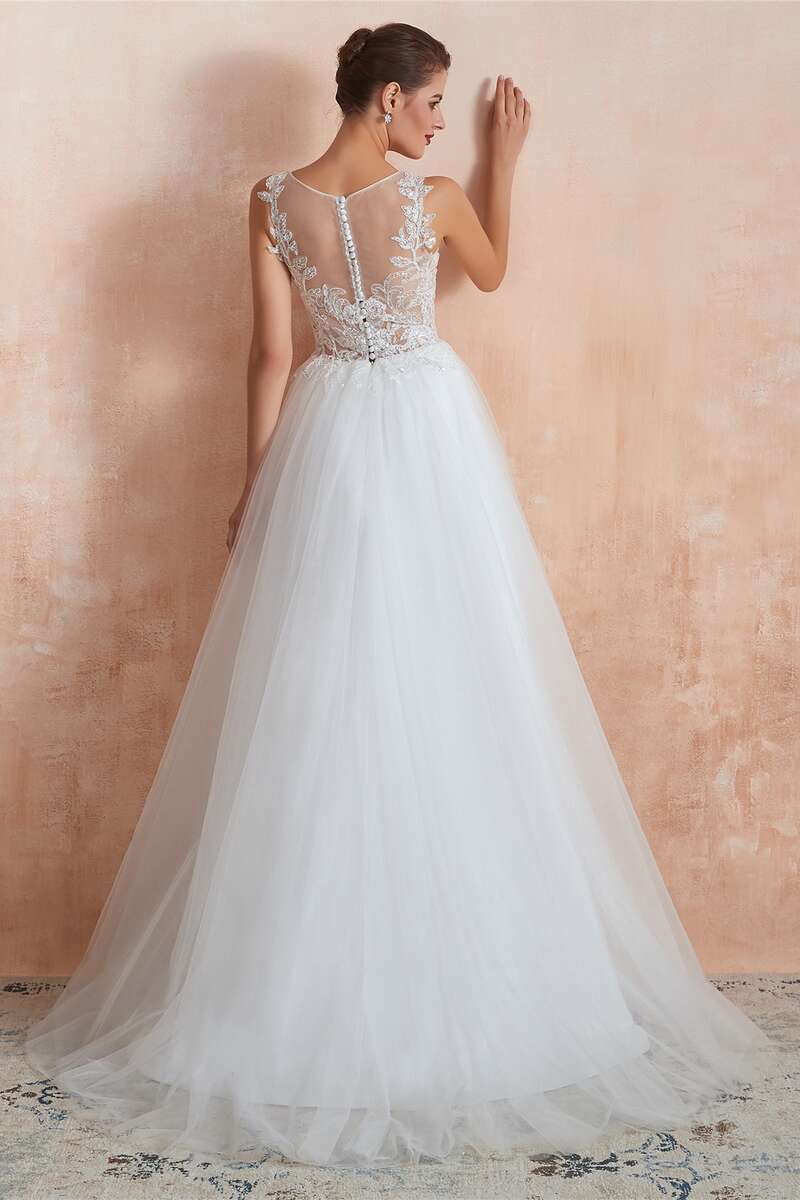 A-Line Bateau Appliqués Wedding Dress with Sheer Back