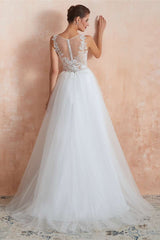 A-Line Bateau Appliqués Wedding Dress with Sheer Back