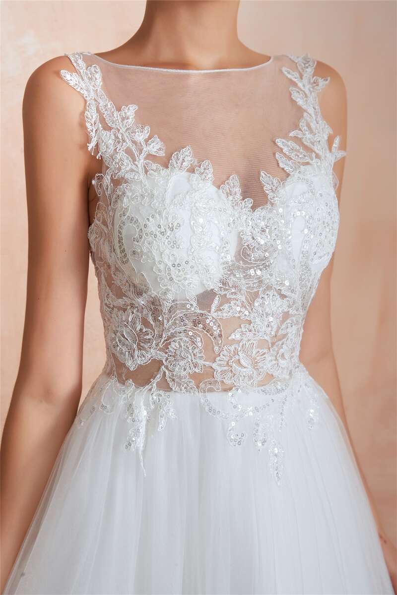 A-Line Bateau Appliqués Wedding Dress with Sheer Back
