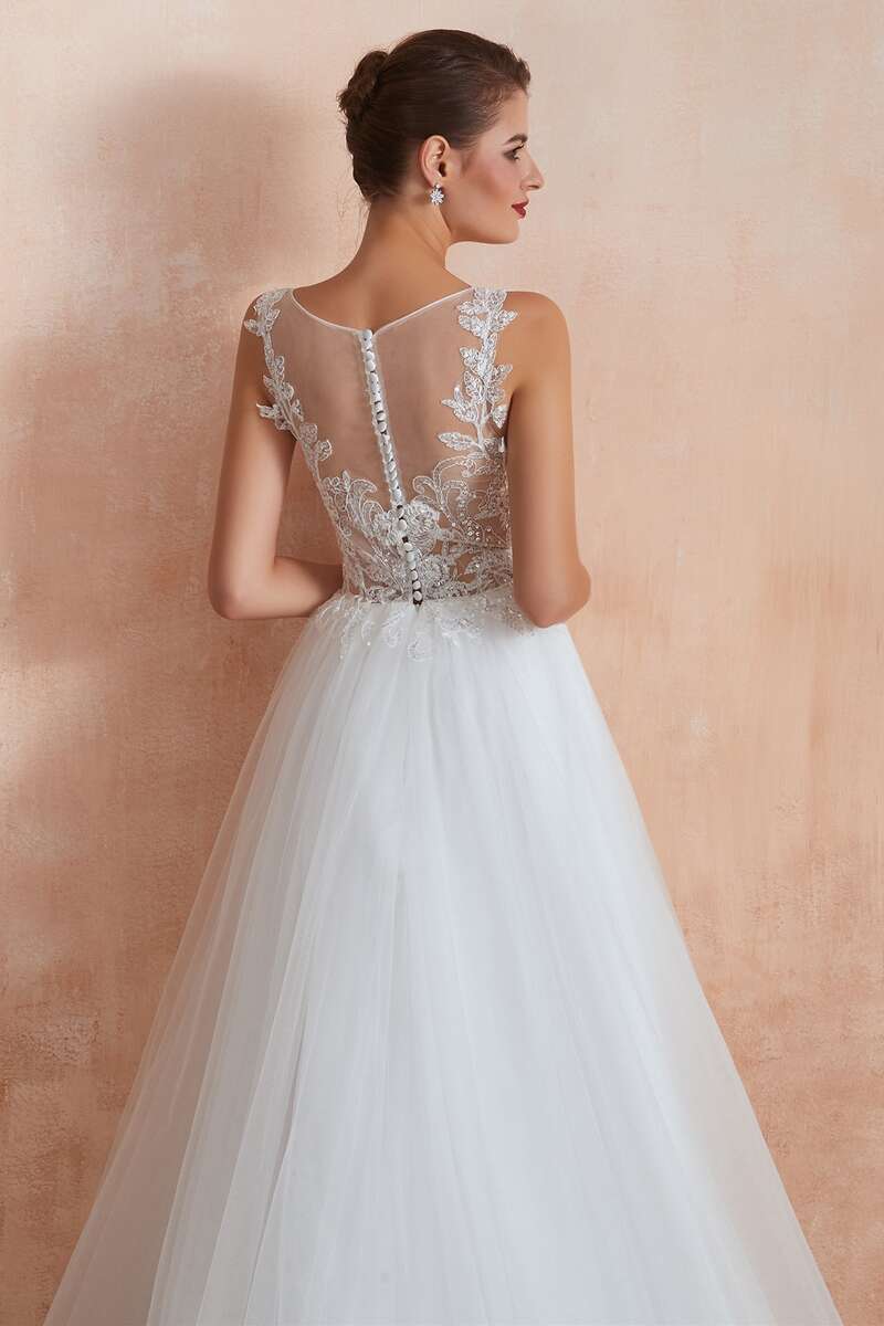 A-Line Bateau Appliqués Wedding Dress with Sheer Back