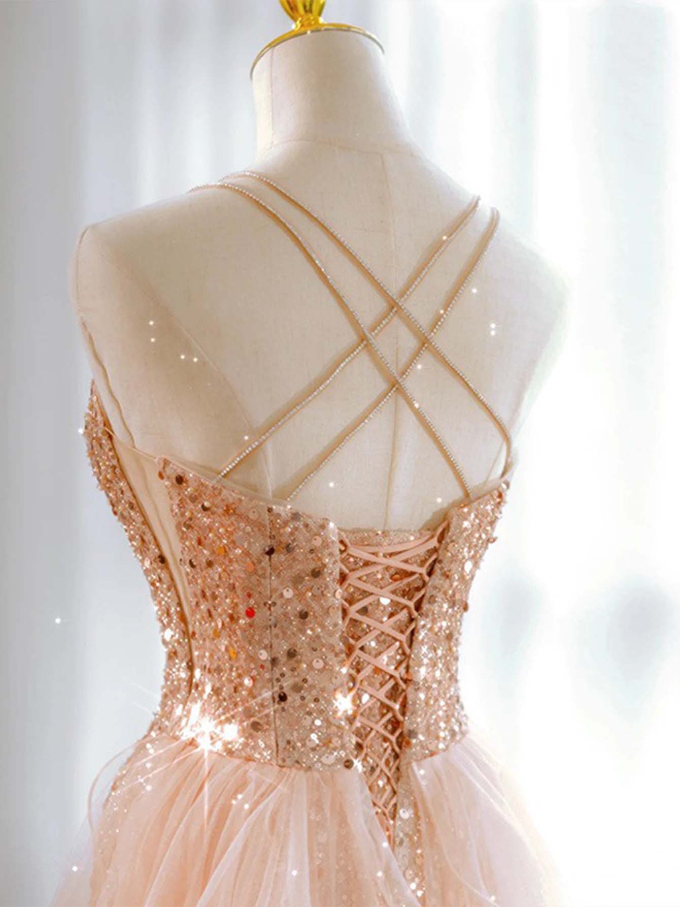 Sequin Tulle Glitter Lace Up Back Homecoming Dress