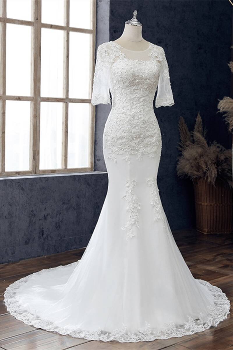 White Appliqués Jewel Half Sleeve Mermaid Wedding Dress