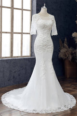 White Appliqués Jewel Half Sleeve Mermaid Wedding Dress
