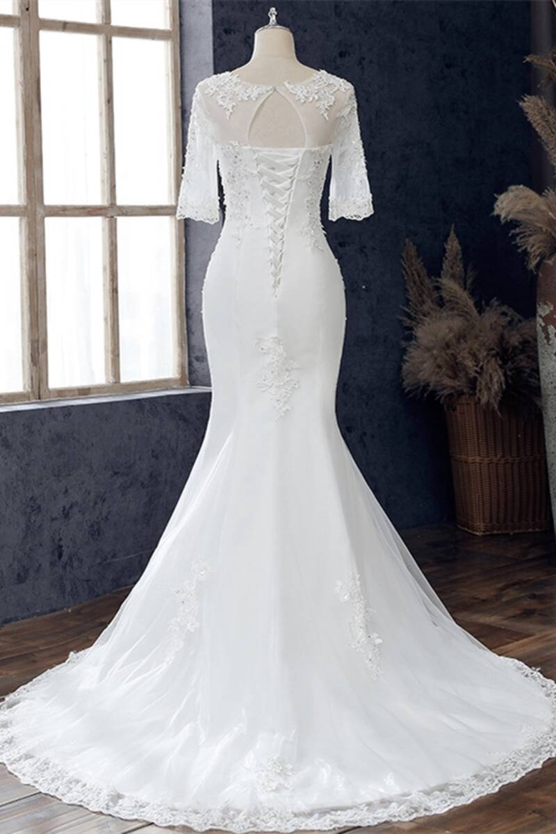 White Appliqués Jewel Half Sleeve Mermaid Wedding Dress