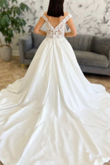 White Lace Satin Off-the Shoulder Backless Bridal Gown