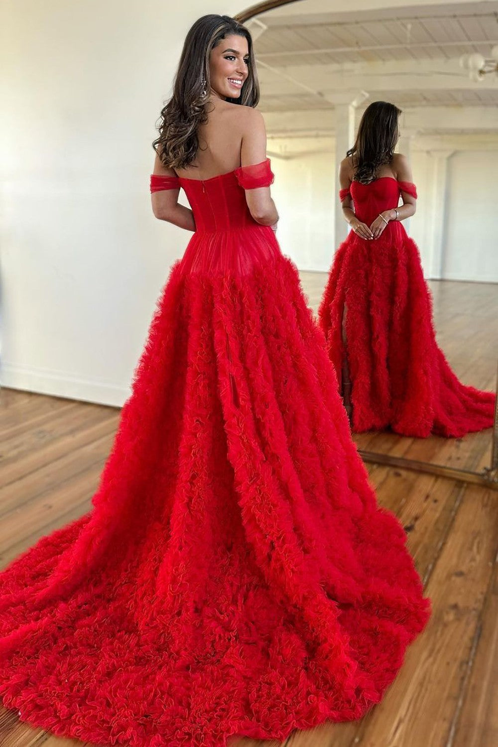 Stunning Princess A-Line Off The Shoulder Long Ruffle Tulle Prom Dress With Split