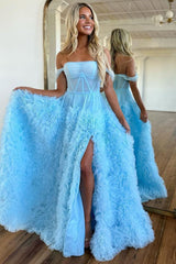 Stunning Princess A-Line Off The Shoulder Long Ruffle Tulle Prom Dress With Split
