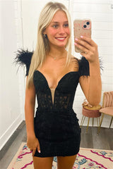Black Plunging Off-the-Shoulder Sheath Appliques Homecoming Dress with Feathers