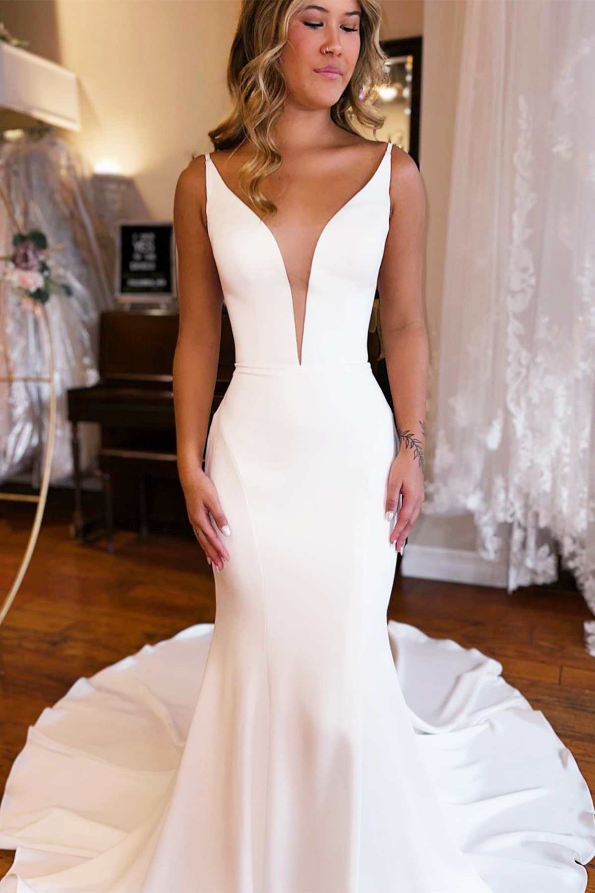 White Plunge V Backless Mermaid Long Wedding Dress