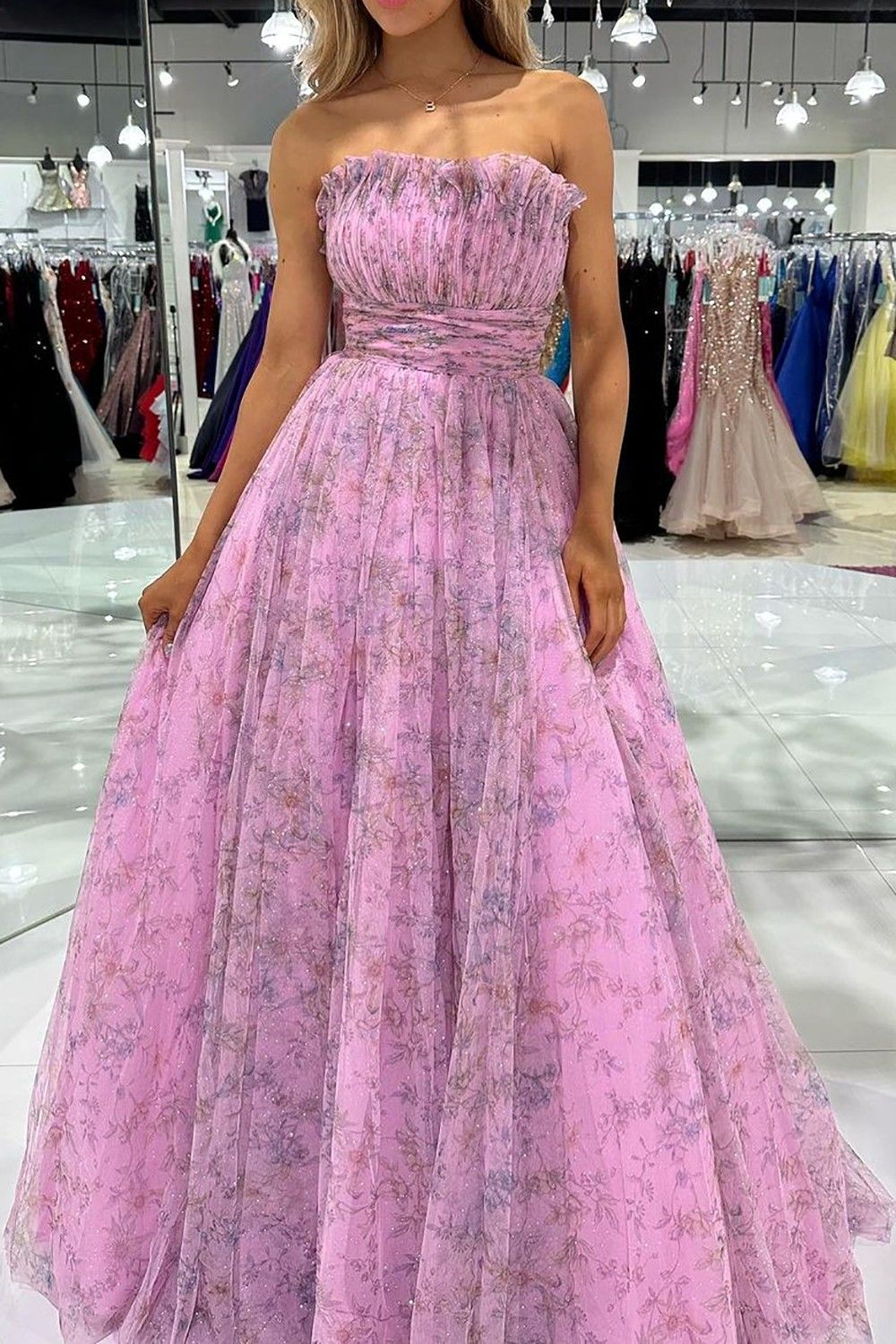 Gorgeous A Line Strapless Pink Floral Printed Long Prom Dress with Ruffles