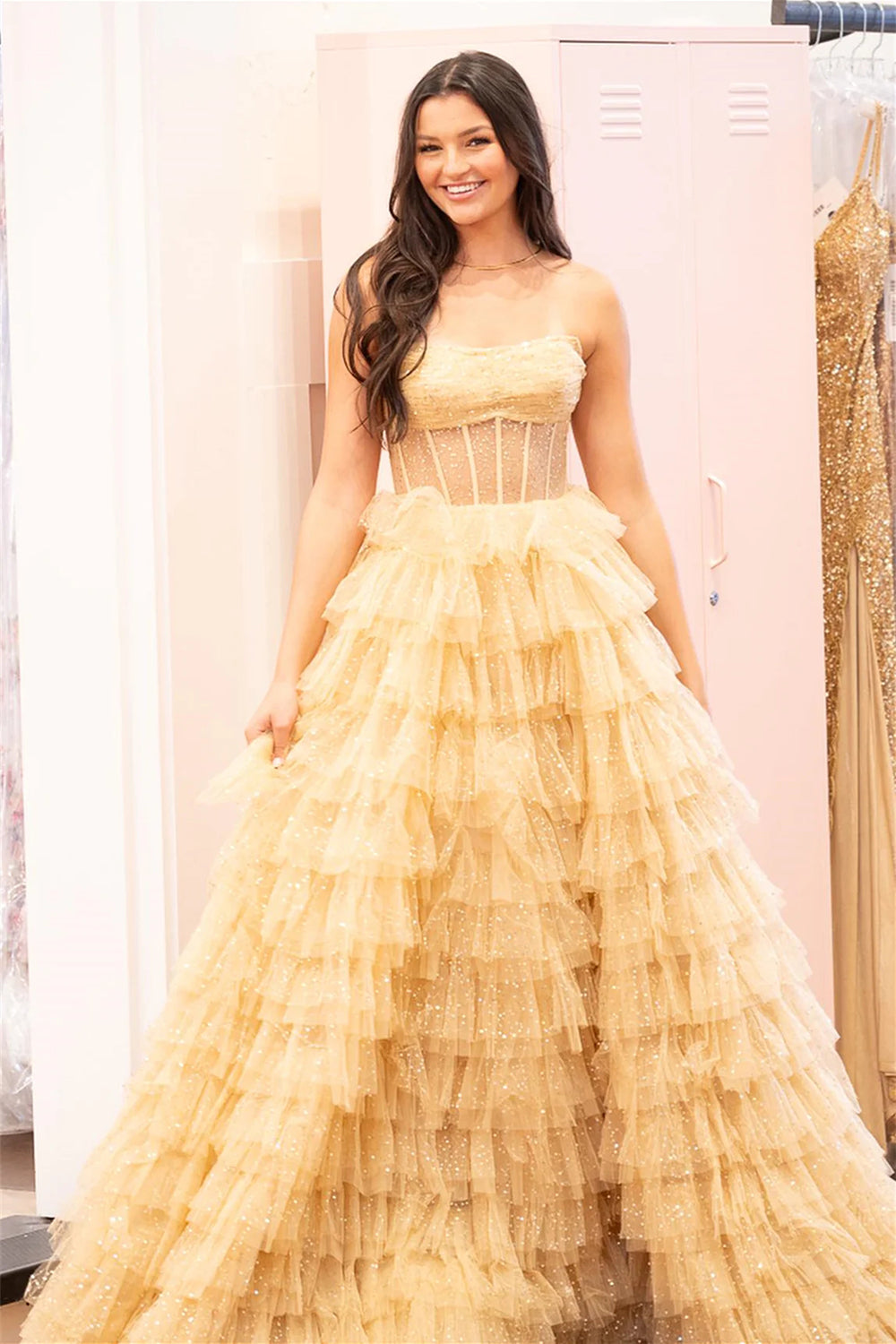 Sweet A-Line Strapless Long Tiered Glitter Tulle Prom Dress