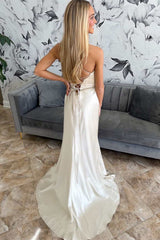 Beige Satin Lace Belted Ruching Long Bridal Gown with Slit