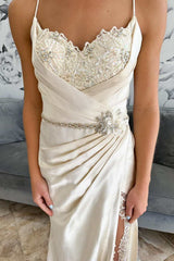 Beige Satin Lace Belted Ruching Long Bridal Gown with Slit