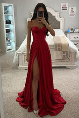 Chic A-Line Spaghetti Straps Long Satin Prom Party Dress With High Slit