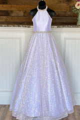 Sparkle A-line White Halter Long Fromal Dress
