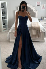 Chic A-Line Spaghetti Straps Long Satin Prom Party Dress With High Slit