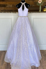 Sparkle A-line White Halter Long Fromal Dress